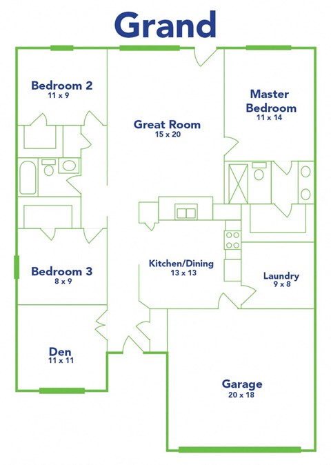 a floor plan of a house with two bedrooms and two bathrooms